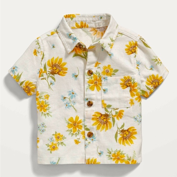 Old Navy Toddler Linen Blend Shirt Short Sleeve Sunflower Print 12-18 Months - Picture 1 of 5